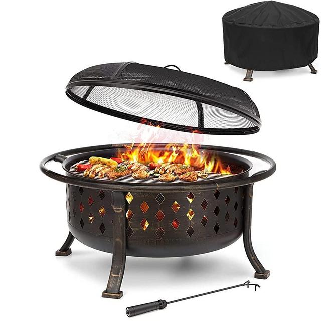 SINGLYFIRE 36 Inch Fire Pits for Outside with Cover Large Outdoor Wood Burning Firepit with BBQ Grill Grate Log Grate Poker Heavy Duty Steel Bronze Bonfire Pit for Patio Backyard Garden