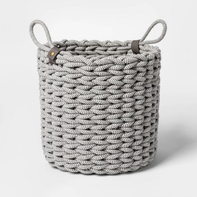 Large Coiled Rope Fishtail Weave Basket with Faux Leather Accent Gray - Project 62™