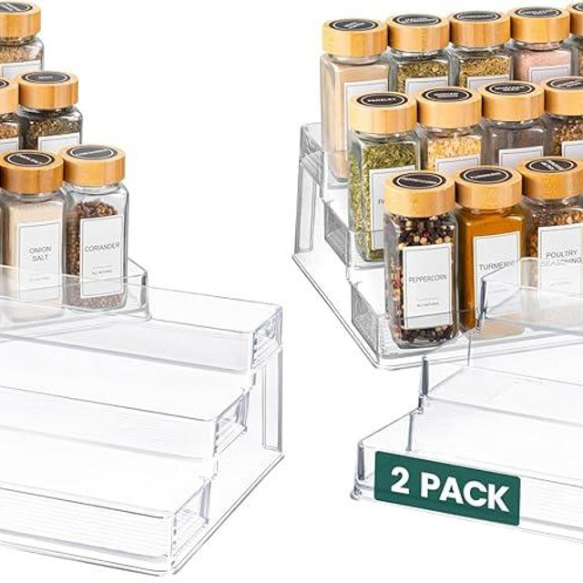 Oizeir Clear Spice Rack (4-Pack) – 3-Tier Acrylic Organizer for Cabinet – Deep Spice Shelf – 10.4 x 9.6 x 4 Inches – Holds Seasoning and Condiments