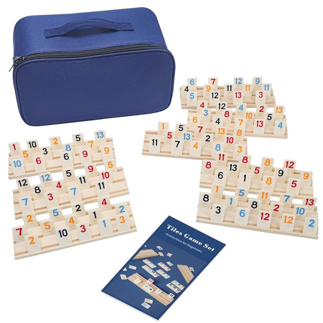 NANCIELO Rummy Cube 6-8 Player Edition with 8 Wooden Holders, 214 Large Numbers Rummy Tiles Set with Carrying Bag, Rummy Travel Game Set with 8 Tiles Racks