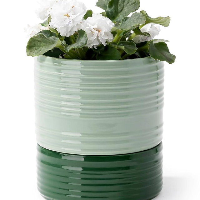Fayoula Self Watering Pots for Indoor Plants, 6 Inch Ceramic Self Watering Plant Pot, Planter Pot with Wick Rope and Drainage Hole for African Violet Succulent Herbs (Green Light)