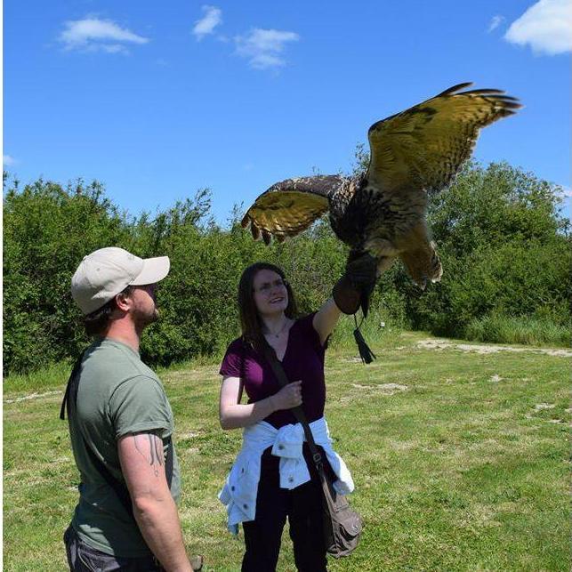 Sarah flies an eagle owl on a study abroad summer trip to Britain, 2015.