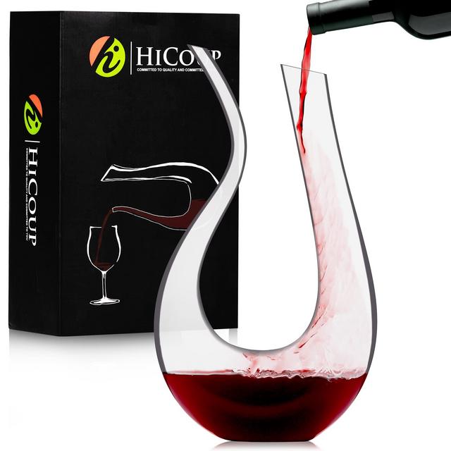 HiCoup Wine Decanter 750ML - 100% Lead Free, Hand Blown Modern U Shape Crystal Glass Red Wine Carafe Aerator Purifier for Home Bar