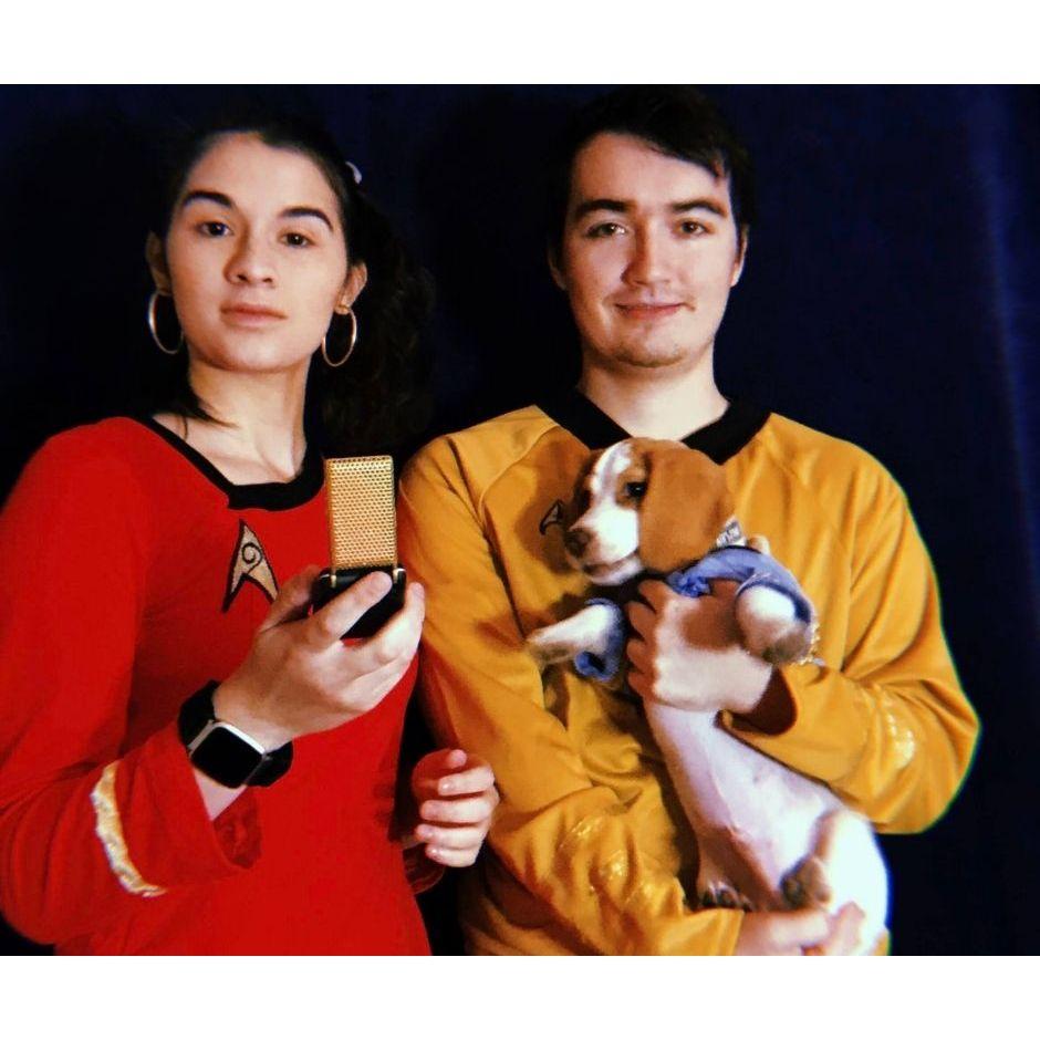 Norma, John, and Bagel dressed up as Uhura, Kirk, and Spock for Halloween.