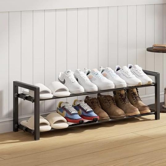 2-Tier Expandable Shoe Rack,Adjustable Shoe Shelf Storage Organizer Heavy Duty Metal Free Standing Shoe Rack for Entryway Closet Doorway (Black)