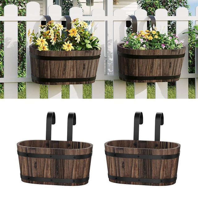 Dawnyard Wooden Hanging Planter for Railing Fence Outdoor Planter Railing Planter Boxes for Plants Wall Planters Window Flower Box Hanging Bucket Pots Countryside Plant Holder (Carbonized,2pcs,Small)