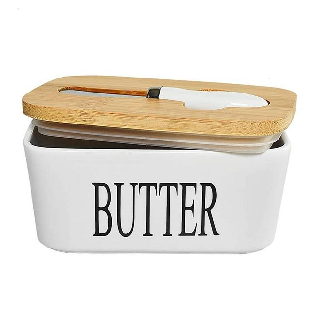 Gonioa Ceramic Butter Dish with Lid (650 ML), Large Airtight Butter Container Covered Butter Dish, Porcelain Butter Keeper Container with Bamboo Lid & Butter Knife
