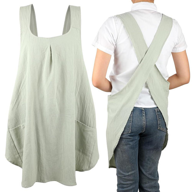 ROLOSI Japanese Cross Back Apron for Women Cotton Linen Pinafore Kitchen Apron with Pockets for Cooking, Baking, Gardening