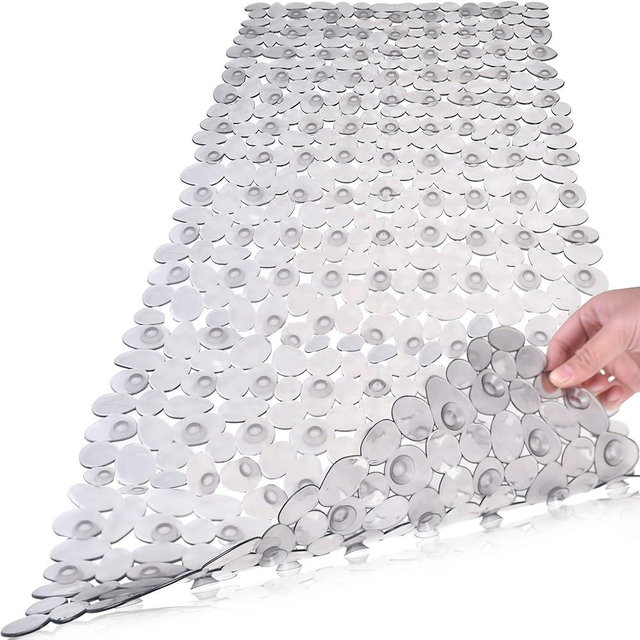 SONGZIMING Bathtub Mat Non Slip Pebble Bath Shower Mat with Drain Holes, Suction Cups Mat for Tub 16" W x 35" L, Clear Grey
