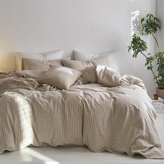 MooMee Bedding Duvet Cover Set 100% Washed Cotton Linen Like Textured Breathable Durable Soft Comfy (Tannish Linen Grey Stripe, Queen)