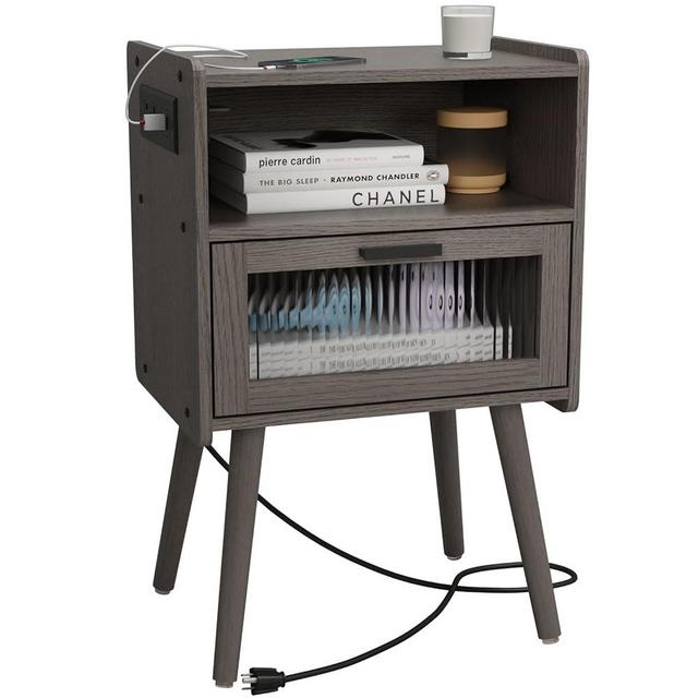 Mid Century Modern Nightstand with Charging Station, Bedside Tables with Glass Drawer, End Table Side Table with 2 Tiers Storage Space, for Bedroom, Living Room, Dark Grey