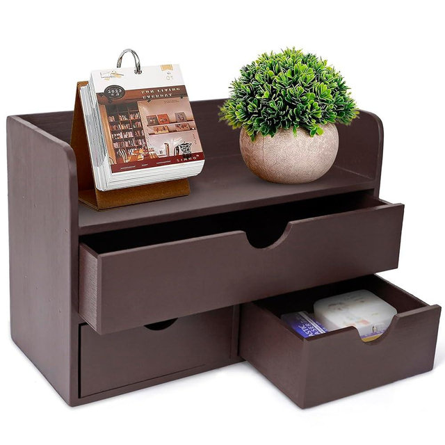 Besti Wooden Office Desk Organizer - Organizing Tool for Desktop, Cubicle, Bedroom, Kitchen - Vintage Style Organization Caddy with Top Tray Shelf & 3 Drawers - 13.6x9x7 Inches (Dark Brown)