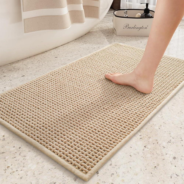 Color&Geometry Chenille Rubber Backed Beige Bathroom Rugs- Non Slip, Absorbent, Quick Dry, Washable- 16"x24" Small Bath Mat Thin Bathroom Rugs Fit for Small Bathroom
