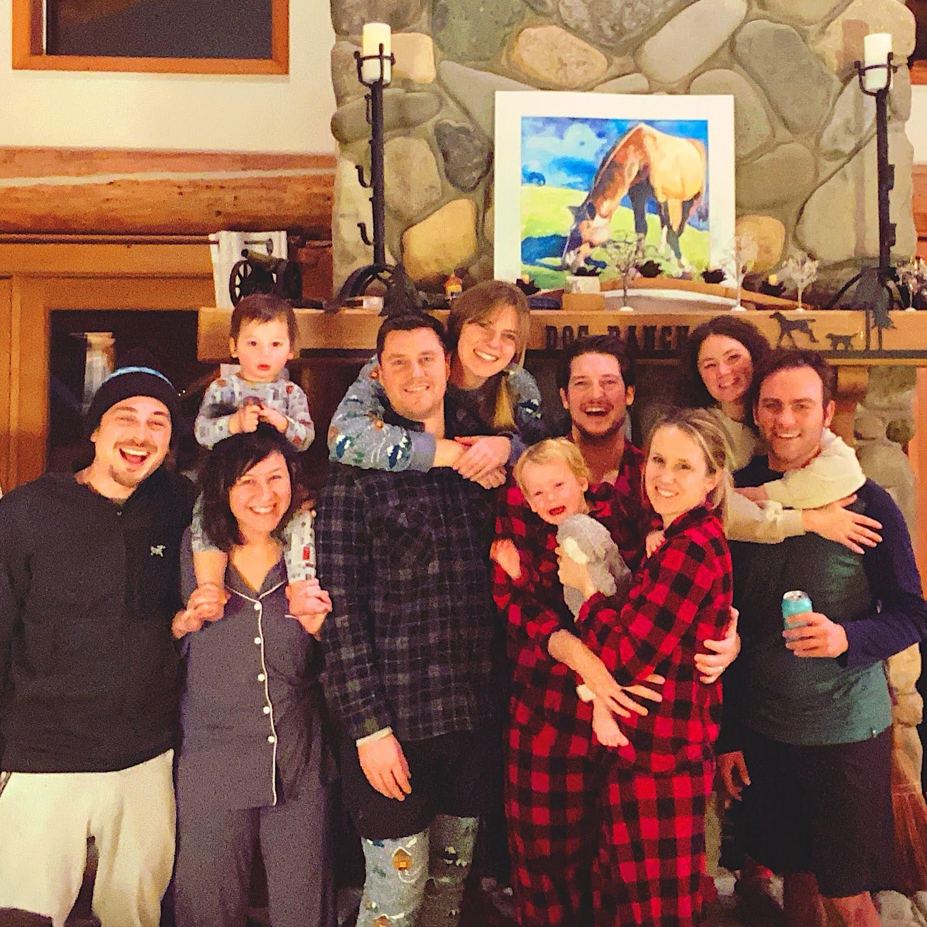 Jammies, drinks, and friends Matt Frankland, Kelsey Mesher, Jon Gray, Liz Gray, Danica Rogg, and Adam Schmidt. Red Dog Ranch, Winthrop, Washington. 2022.