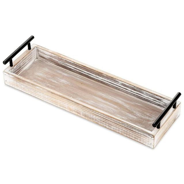 Hanobe Wood Serving Tray with Metal Handles - Rustic Whitewash Rectangula Decorative Trays Long Narrow Ottoman Trays for Decor Wooden Country Centerpiece for Wine Coffee Table Candle Holder