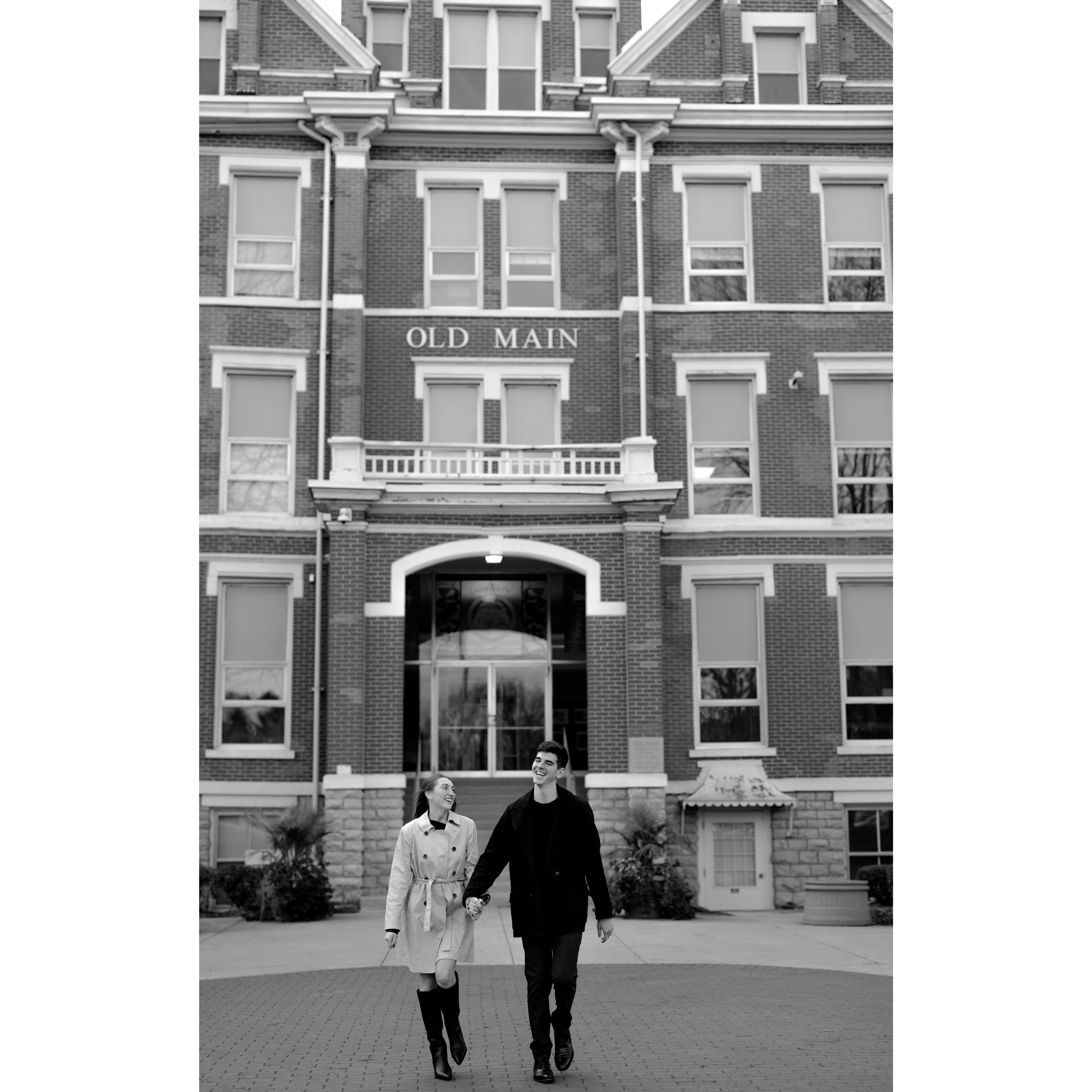 Walking around campus where we met, just hours before he proposed!