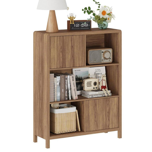 FATORRI Bookshelf with Storage, 5 Cube Bookcase with Doors, Farmhouse Wood Cube Storage Organizer for Home Office, Bedrooom, Living Room (Walnut)