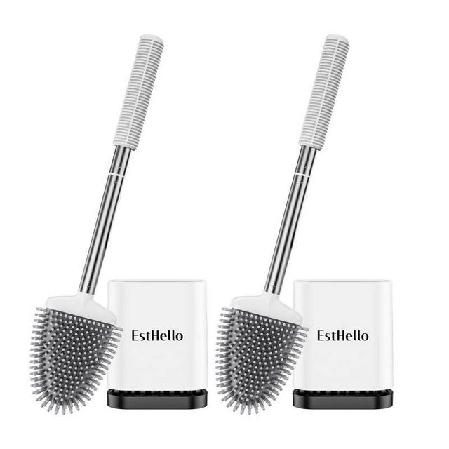 ESTHELLO Toilet Brush and Holder, Silicone Toilet Bowl Cleaner Brush Set for Bathroom Deep Cleaning, Compact Flexible Toilet Cleaner Brush with Stainless Steel Handle, 2 Pack