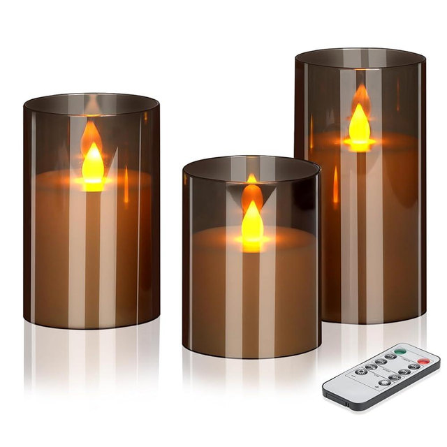 wemarry Flameless Candles 4" 5" 6" Set of 3 Acrylic Glass Pillars 3" Diameter Battery Operated Flickering Gray Candles Include Remote Timer for Home Decor Wedding Festival Cafe Restaurant