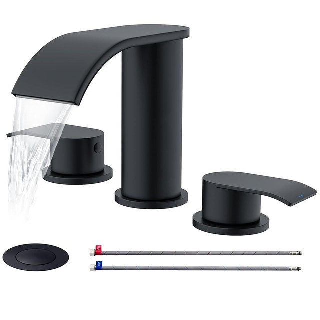 Ultimate Unicorn 8 inch Bathroom Faucet Matte Black, Waterfall Bathroom Sink Faucet Black with Metal Pop-up Sink Drain Stopper and 2 Supply Hoses,2 Handle Widespread Faucet for Vanity Sink 3 Holes