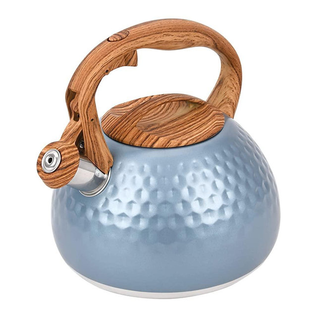 Foedo Stainless Steel Tea Kettle Blue , Teapot 3.2 Quart Whistling Tea Kettle, Tea Pots for Stove Top with Wood Pattern Handle, Gas Electric Applicable