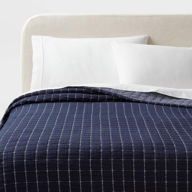 King Yarn Dye Crinkle Grid Quilt Navy Blue/Ivory - Threshold™: Cotton Percale, Machine Washable, OEKO-TEX Certified