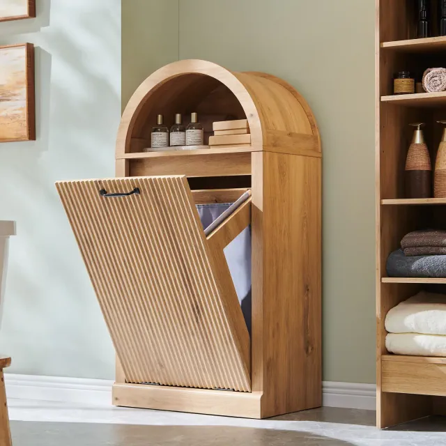 Modern Tilt-Out Trash Can Cabinet, Arched 10 Gallon Trash Can with Fluted Door & Open Shelf, Hidden Garbage Can for Kitchen, Living Room, Natural