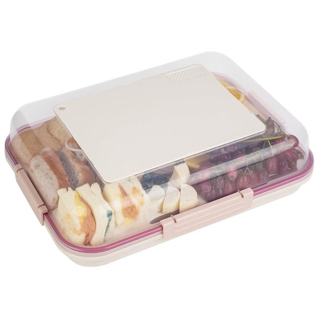 TAABHBU Airtight Snack Tray with Cutting Board Lid, Leakproof Food Prep & Serving Container with Removable Drain Tray and Ice Storage Below, Portable for Fruit, Cheese, Bread and Vegetables, BPA-Free