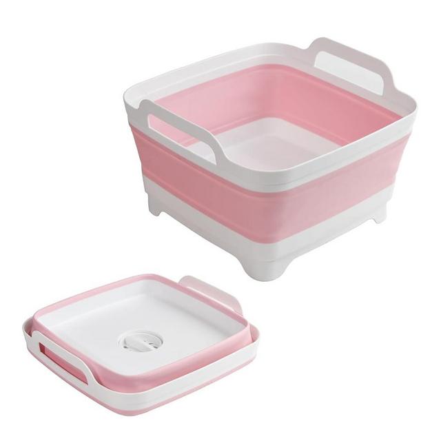 Collapsible Dish Basin Foldable Kitchen Sink With Drain Plug Plastic Laundry Tub 9L/2.4Gal RV & Camping Wash Basin Space-Saving Cleaning Bucket (Pink)