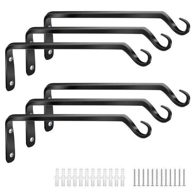 Worth Garden 6-Pack 10" Plant Hanger Bracket - Forged Wrought Iron Powder-Coated Heavy Duty Wall Hook - Black Plant Hanging Hooks - Durable and Stable for Bird Feeders, Planters Indoor & Outdoor