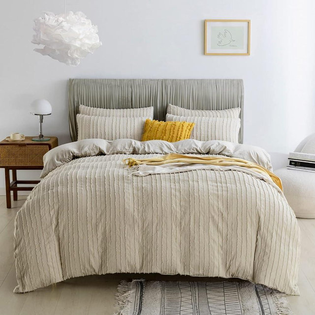 JELLYMONI Cream Grey Duvet Cover King Size - 3PCS Microfiber Tufted Duvet Cover Set, Boho Striped Tufted Textured Duvet Cover with Corner Ties & Zipper Closure