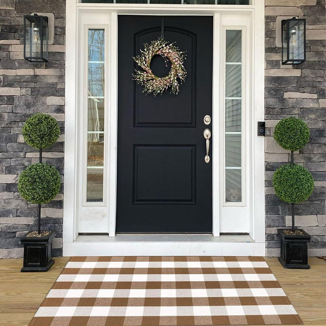 Buffalo Plaid Outdoor Rugs, 3'x5' Brown and White Checkered Indoor/Outdoor Area Rug, Layering Rug for Hello/Welcome Door Mat, Washable Cotton Woven Farmhouse Mat for Fall Front Porch Décor