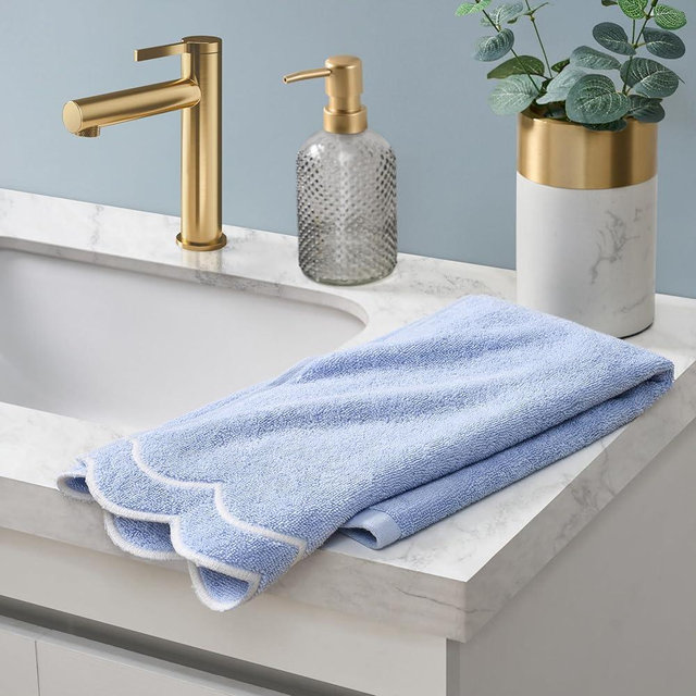 Peri Home 100% Cotton Hand Towel for Bathroom, Embroidered, Soft & Absorbent, 500 GSM, 1 Piece, 16" x 27", Blue with White Scallop