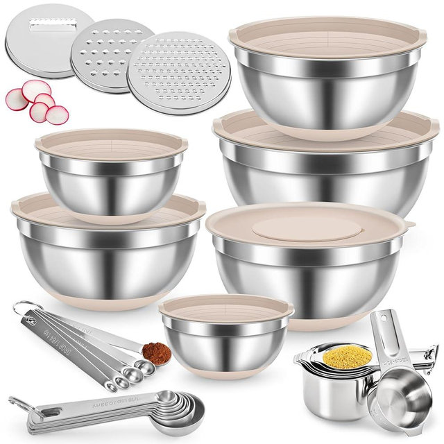 30PCS Mixing Bowls with Lids Set, Stainless Steel Nesting Bowls with Graters, Non-Slip Silicone Bottom, Large Khaki Bowls 7QT to 1QT & 21 Measuring Cups and Spoons Great for Mixing, Baking, Serving