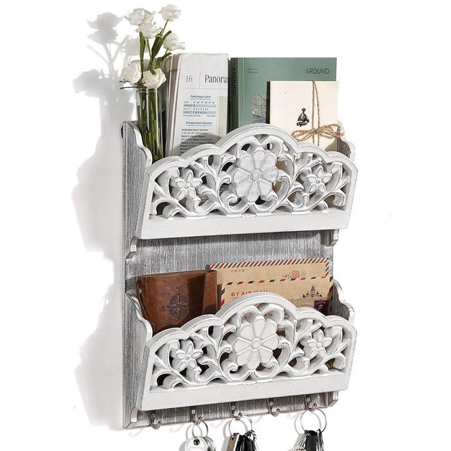 JAZUIHA Key and Mail Holder for Wall, 2-Slot Mail Organizer Wall Mount with 5 Key Hooks, Wooden Key Hangers Wall File Organizer Letter Sorter, Key Rack for Entryway and Home Decor,Extra Wide