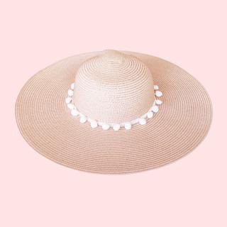 Sun Hat with White Pom Poms