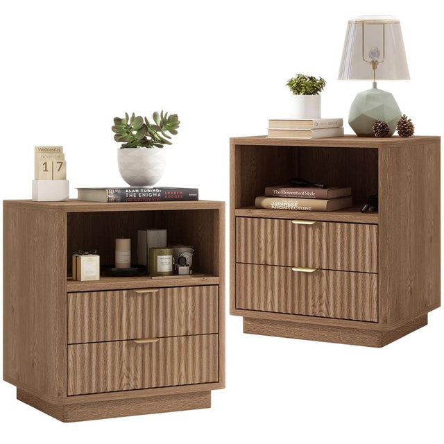 ROCSUMOO Fluted Night Stand Set of 2, Large Nightstand with Drawers and Storage Shelf - Wooden Bedside Table End Table for Bedroom Sofa, Natural Oak (2 Pieces)