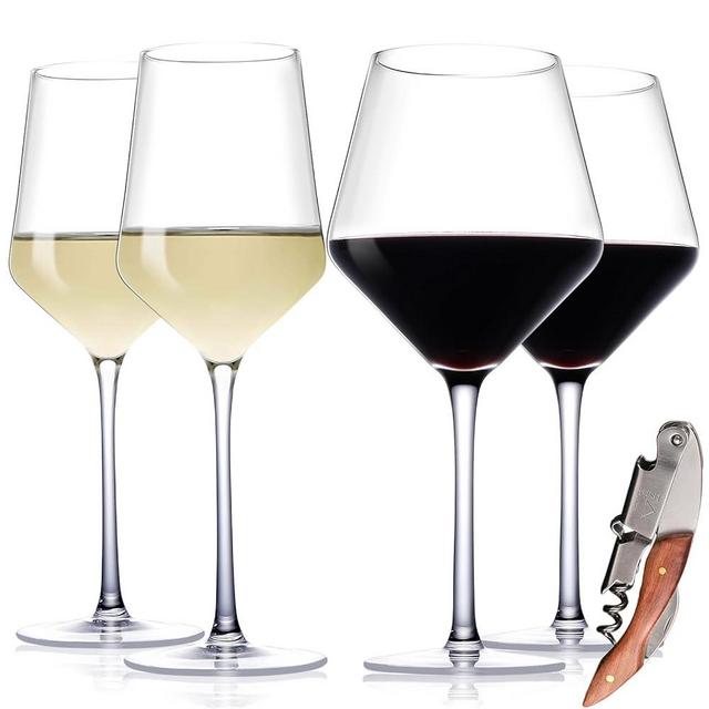 Physkoa Red and White Wine Glasses Set of 4 with Corkscrew, (23oz,14oz) Hand Blown Crystal Glasses - Large Burgundy Glasses- Ideal Wine Glass Gift Set for Wedding Anniversary Housewarming