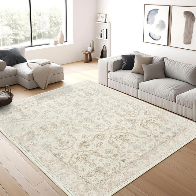 Soalmost Area Rugs 5x7, Washable Rug, Stain Resistant 5x7 Area Rugs for Living Room Bedroom Dining Room, Vintage Gray Farmhouse Rug Beige