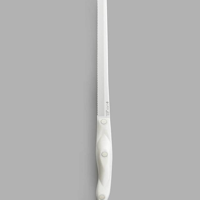 CUTCO Model 1724 Slicer with White ("Pearl") handle...........9.8" High Carbon Stainless Double-D serrated blade.......5.7" thermo-resin handle...........in factory-sealed plastic bag.