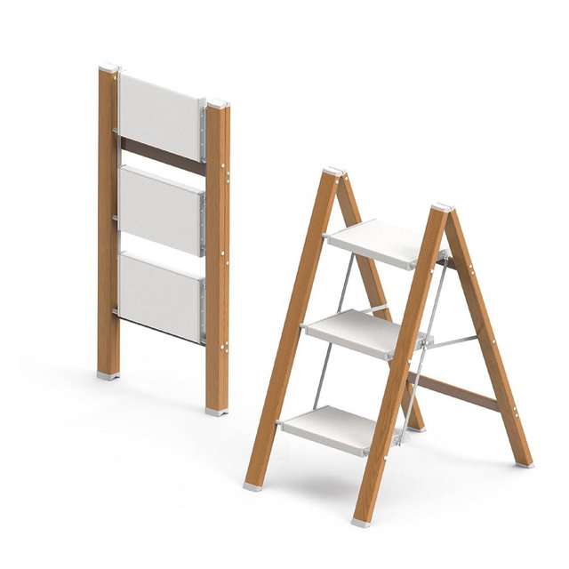 3 Step Ladder, Folding Aluminum Step Stool with Anti-Slip Wide Steps for Adults, Ideal for Kitchen, Closet, Bedroom, 330 lbs Capacity (Woodgrain)