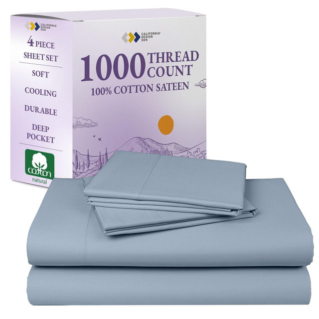 California Design Den Queen Size Sheets Set - Luxury 1000 Thread Count Sateen, 100% Cotton, Soft, Thick and Durable Queen Sheet Set Deep Pocket - Blue