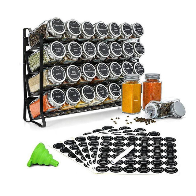 TOSCARA Spice Jar Rack Organizer for Cabinet! 28 Glass Jars with Black Lids! 4 Tier Seasoning Storage Shelf with 180 Labels, Funnel & Screws! Spices Organiser for Kitchen Countertop, Pantry, Cupboard