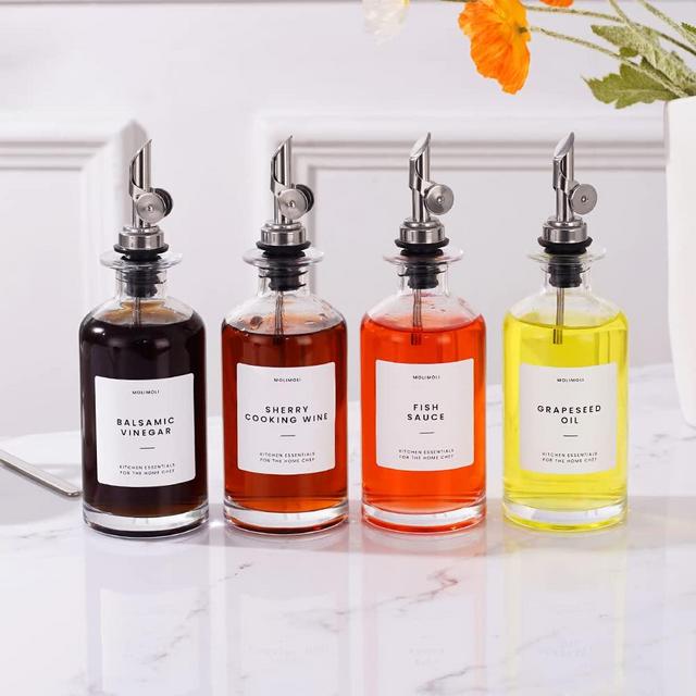 Molimoli Olive Oil Dispenser Bottle for Kitchen, Coffee Syrup Dispenser w. Weighted Pourer, Glass Bottle Dispenser for Kitchen, Olive Oil Cruet, Glass Olive Oil Bottle | 350ml, Set of 4