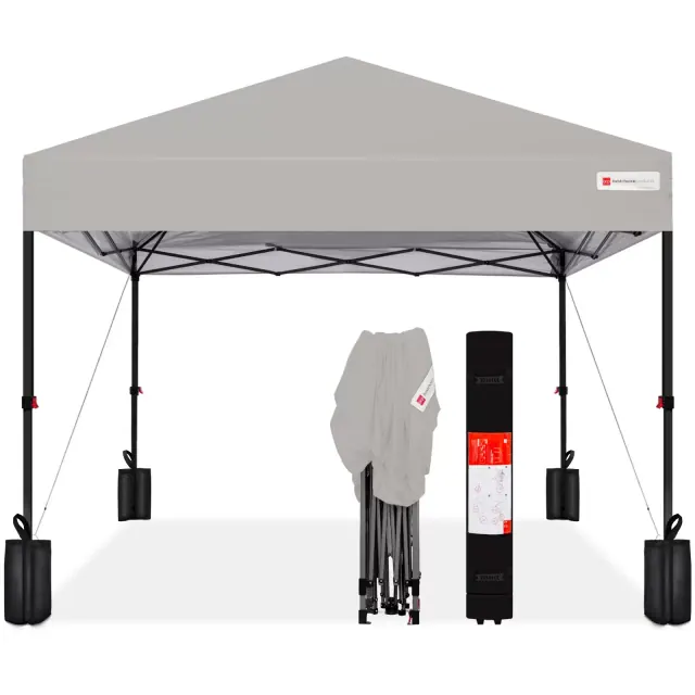 Best Choice Products 10x10ft Easy Setup Pop Up Canopy w/ 1-Button Setup, Wheeled Case, 4 Weight Bags - Light Gray
