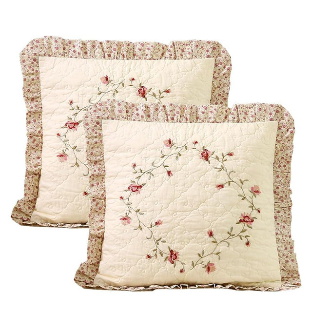 vctops Set of 2 Cotton Quilted Embroidered Decorative Square Throw Pillow Covers with Ruffles Floral Soft Cushion Case for Couch Sofa Bed (Flower A,18"x18")