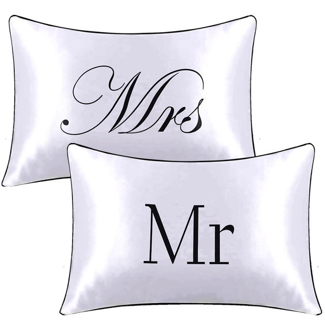 BlessLiving Satin Mr and Mrs Pillowcases, 2 Pack Silky Pillow Cases for His Her, Soft Silk Pillow Cover with Envelope Closure Romantic Anniversary Wedding Gifts for Couple (Standard(20''x26''))