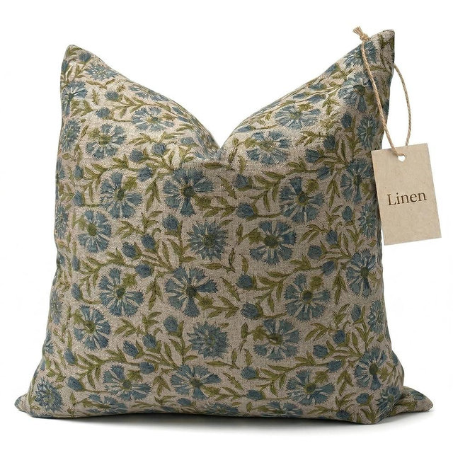 Line and Loop Linen Throw Pillow Covers 20x20 inch Blue Green Decorative Pillow Covers for Living Room, Bedroom