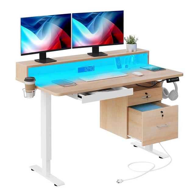 YITAHOME Height Adjustable Electric Standing Desk with Drawers, 48 x 24 Inches Sit Stand Desk with Power Outlets & LED Lights, Electric Desk Stand Up Desk with Monitor Stand, Oak