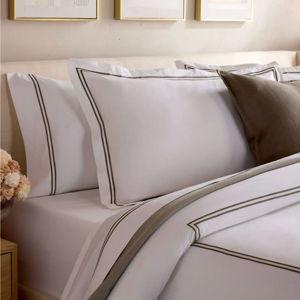 Organic Crisp Percale Embellished Duvet Cover Set - White/Dusty Olive, King/Cal King